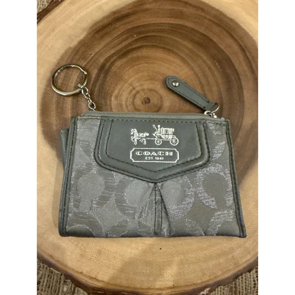 Vintage Y2K Coach Gray Op Art Signature Card Grey Key Coin Case Wallet Carriage